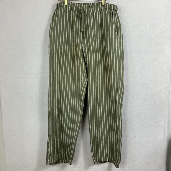 100% Lin Blanc Pants - 100% Lin Blanc Drawstring Linen Trousers Women's 38 Olive Green & White Striped
